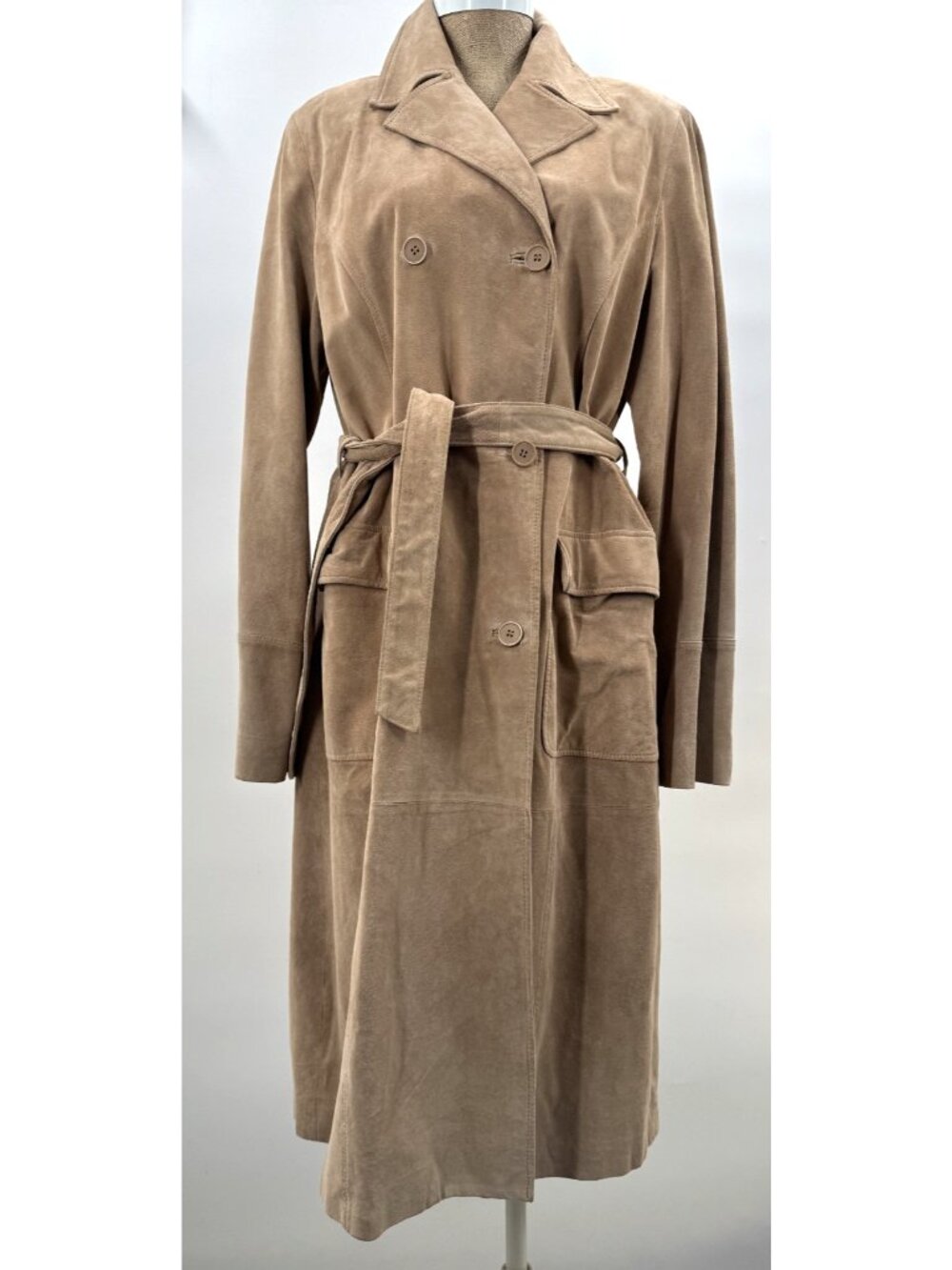 Vintage Y2K Camel Brown Genuine Suede Leather Long Trench Coat Belt Jacket Sz M